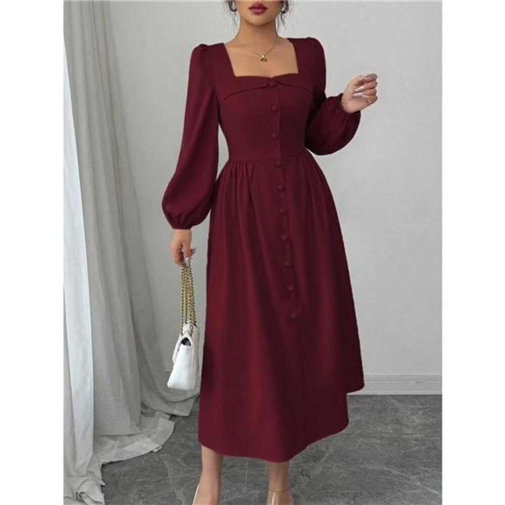 Square Neck Button-Front Midi Dress